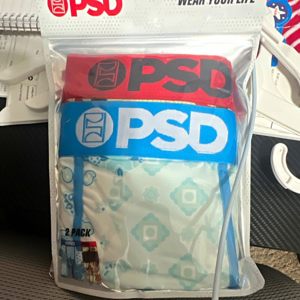 PSD Men's Boxer Brief Underwear 2-Pack XXL Regular Geometric White Blue Red